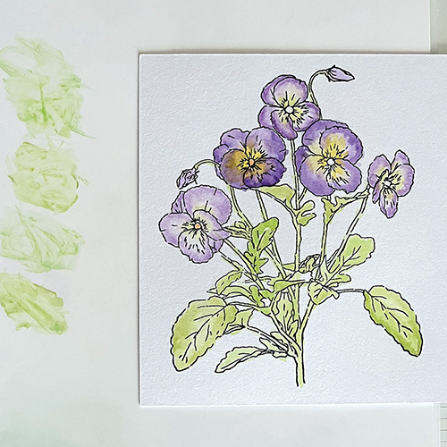 Met potloden, stiften en waterpenseel ingekleurd.